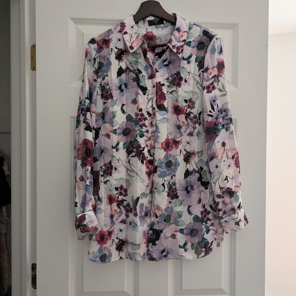 T Tahari Floral Stripe Snap Front Blouse Satin M - Picture 5 of 14